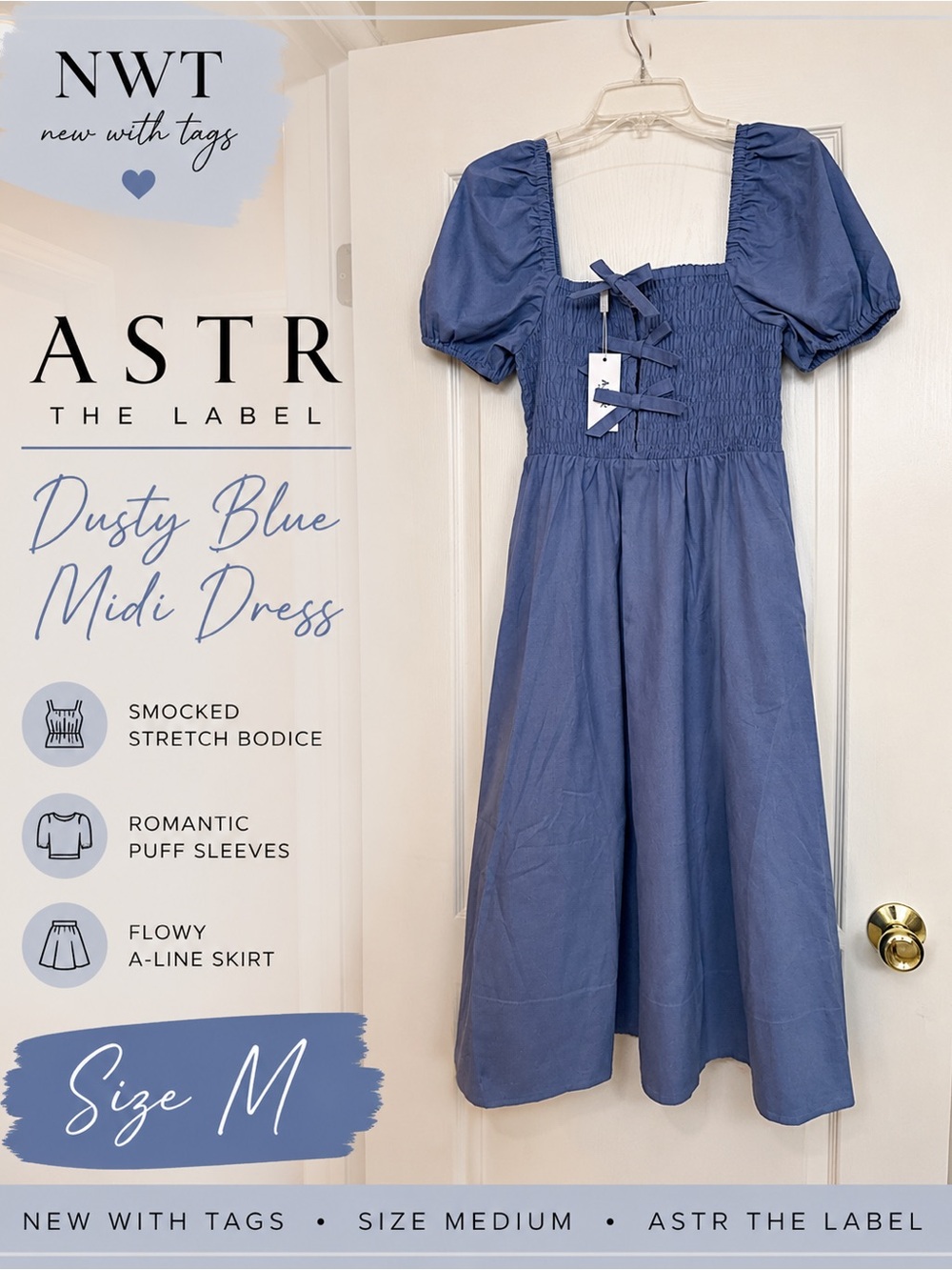 NWT ASTR The Label Dusty Blue Smocked Midi Dress Size Medium